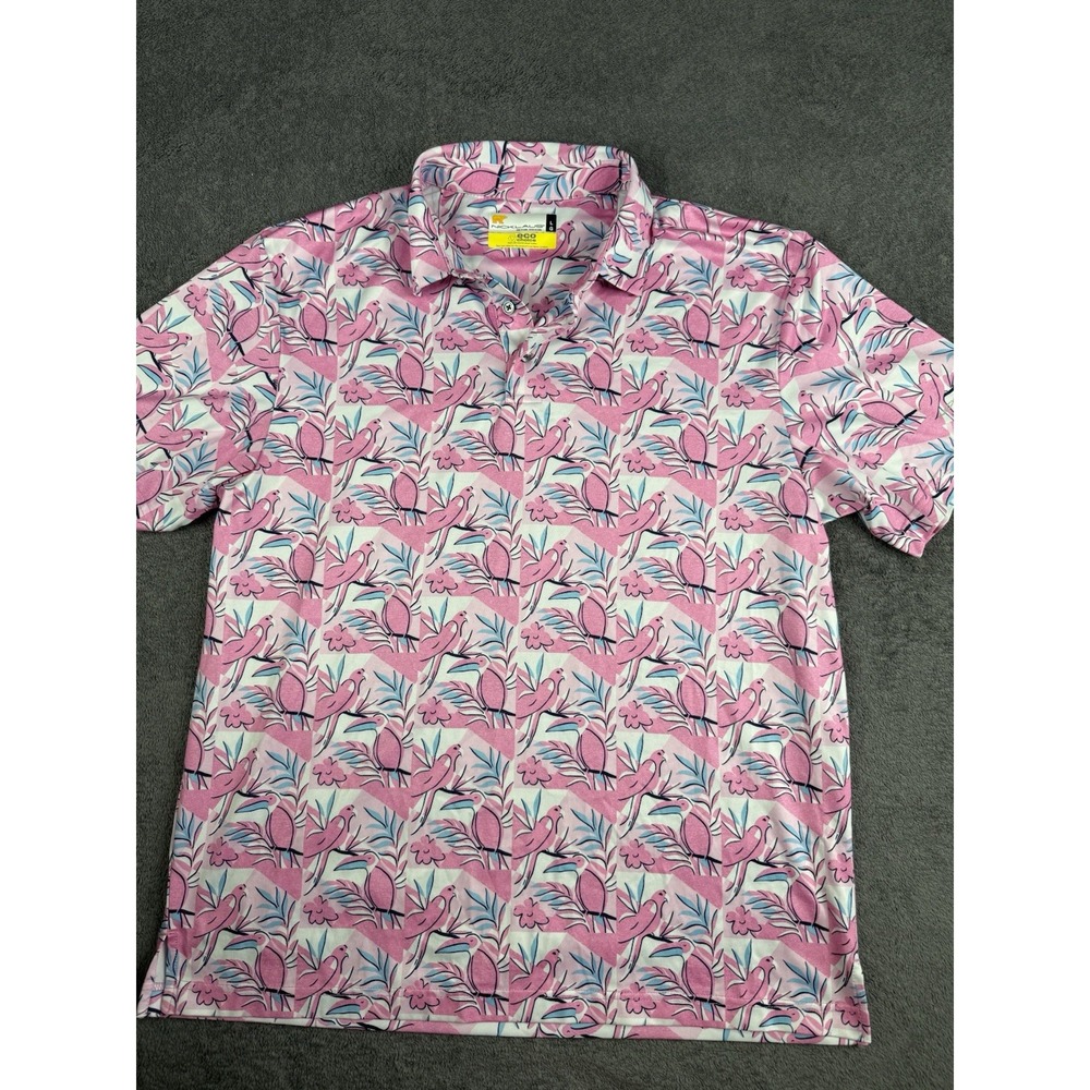 Nicklaus Eco Choice Mens Large Pink Toucan Tropical Golf Polo Shirt Short Sleeve